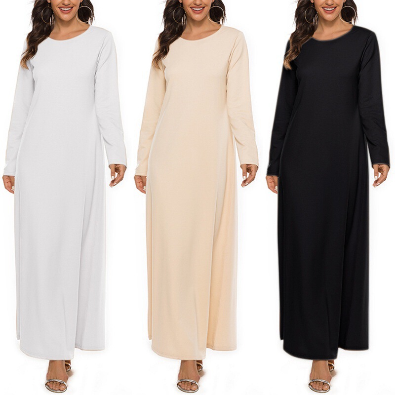 European and American 2024 Women's New Casual Fashion Simple Solid Color Pullover Round Neck Long Sleeve Robe dress