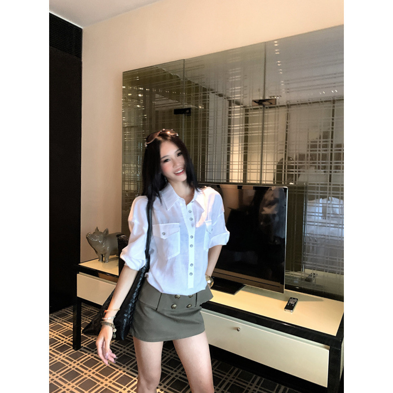亚麻透气舒适可调节袖袢后腰绑带金属手工扣长袖衬衫女上衣|undefined
