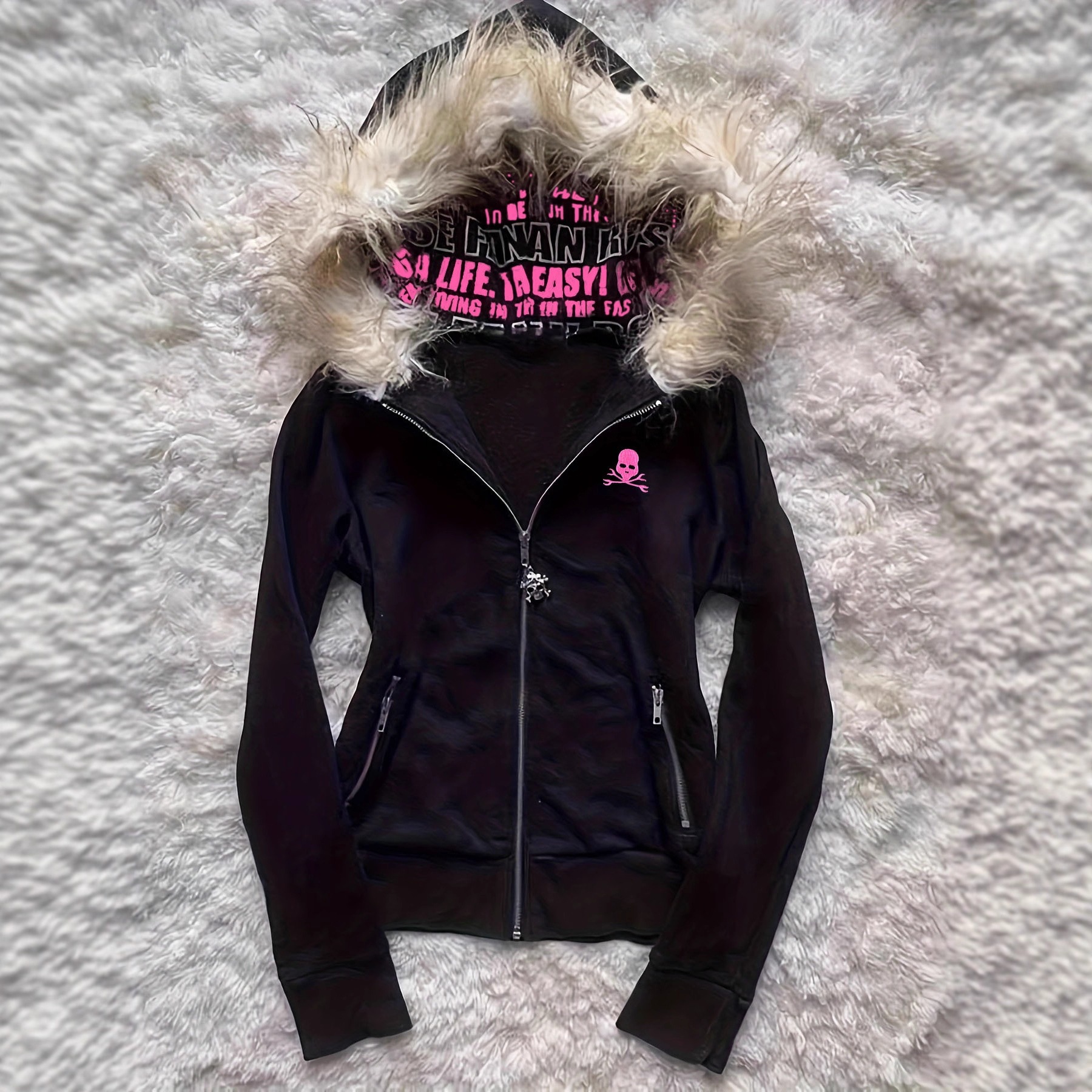 Black Skull Embroidered Fur Collar Hooded Sweatshirt Subculture Y2K Millennium Sexy Female Autumn and Winter Zipper Jacket Ins