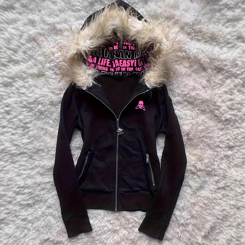 Black Skull Embroidered Fur Collar Hooded Sweatshirt Subculture Y2K Millennium Sexy Female Autumn and Winter Zipper Jacket Ins Black Skull Embroidered Fur Collar Hooded Sweatshirt Subculture Y2K Millennium Sexy Female Autumn and Winter Zipper Jacket Ins