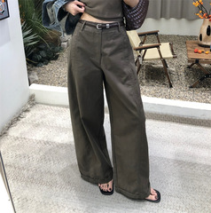 美式复古水洗军绿色休闲阔腿裤女秋季新款高腰显瘦窄版直筒拖地裤