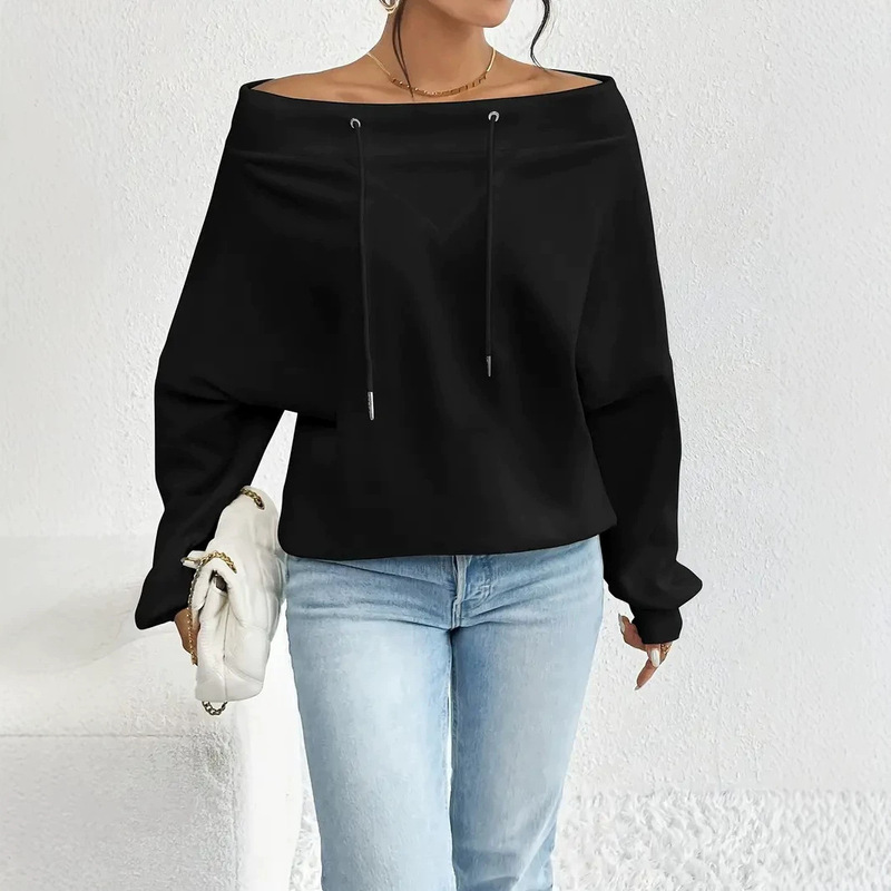 2025 Women's Off-Shoulder Top, Loose Casual Drawstring Sweatshirt, Cross-Border European and American Style, TEMU Amazon 2025 Women's Off-Shoulder Top, Loose Casual Drawstring Sweatshirt, Cross-Border European and American Style, TEMU Amazon