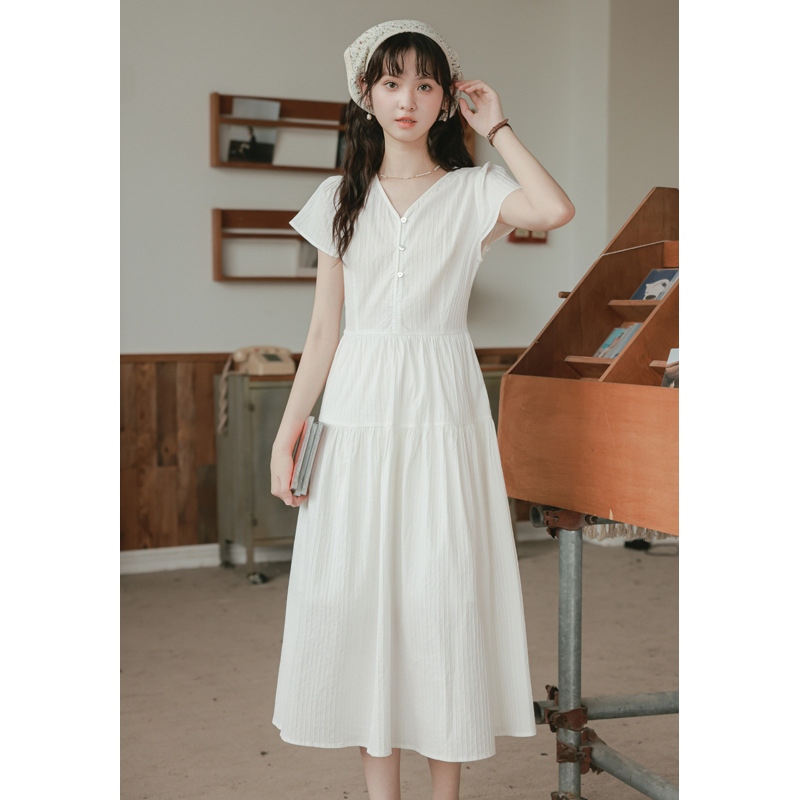 2025 新しい夏スタイル妖精の妖精 V ネックテクスチャミッドレングス白半袖ドレス女性のための|undefined