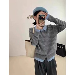 6255【羊绒】韩系学院风假两件撞色麻花针织上衣小李-不退换