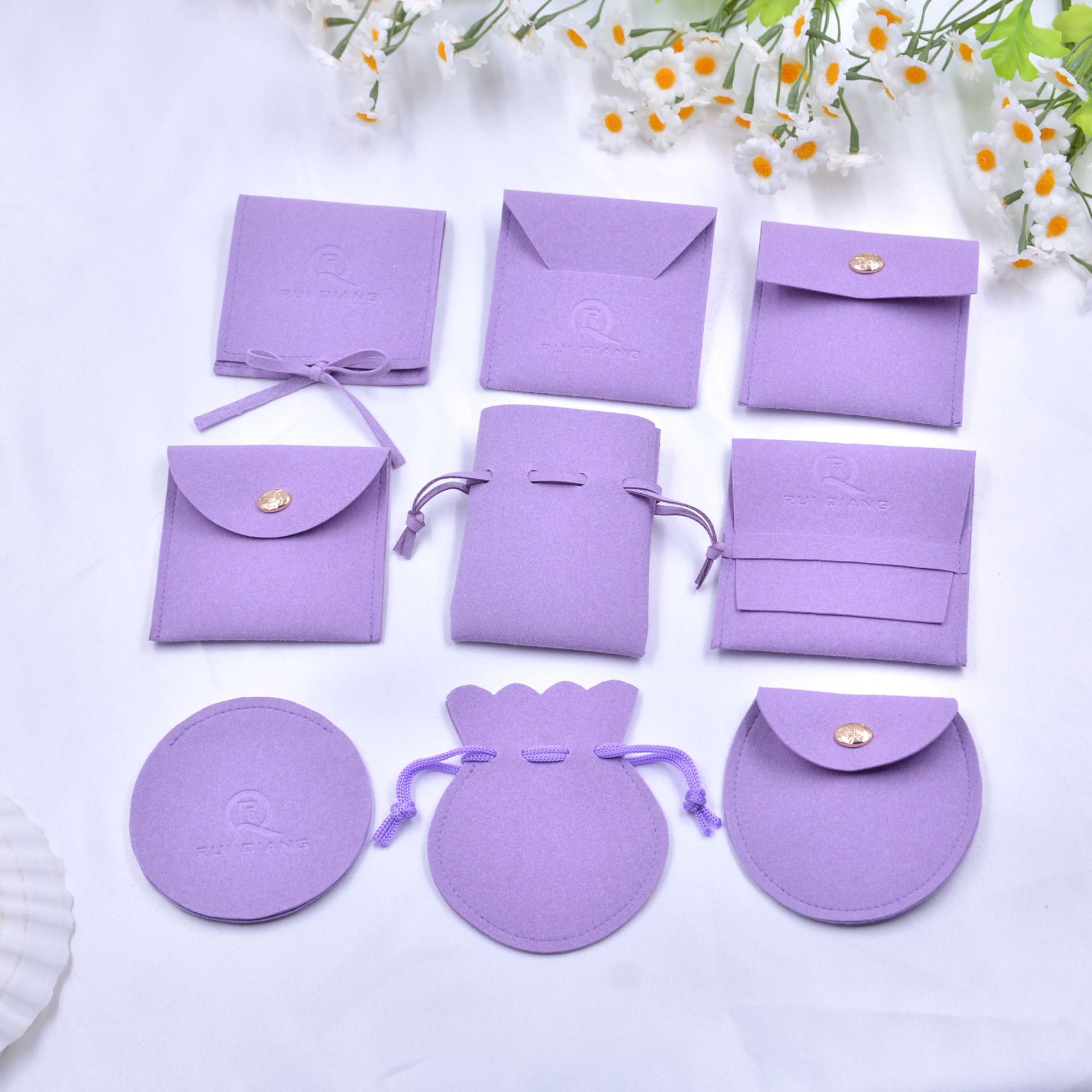 工厂批发真超纤绒面束口首饰袋手镯项链饰品绒布拉绳袋信封翻盖袋