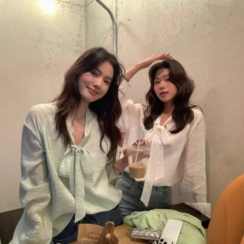 Clearance Sale, No Returns or Exchanges: Lemon Green Tea Korean Style Simple Slightly Wrinkled Glossy Tie-Front Slimming Shirt for Women, Casual Long-Sleeve Top Clearance Sale, No Returns or Exchanges: Lemon Green Tea Korean Style Simple Slightly Wrinkled Glossy Tie-Front Slimming Shirt for Women, Casual Long-Sleeve Top