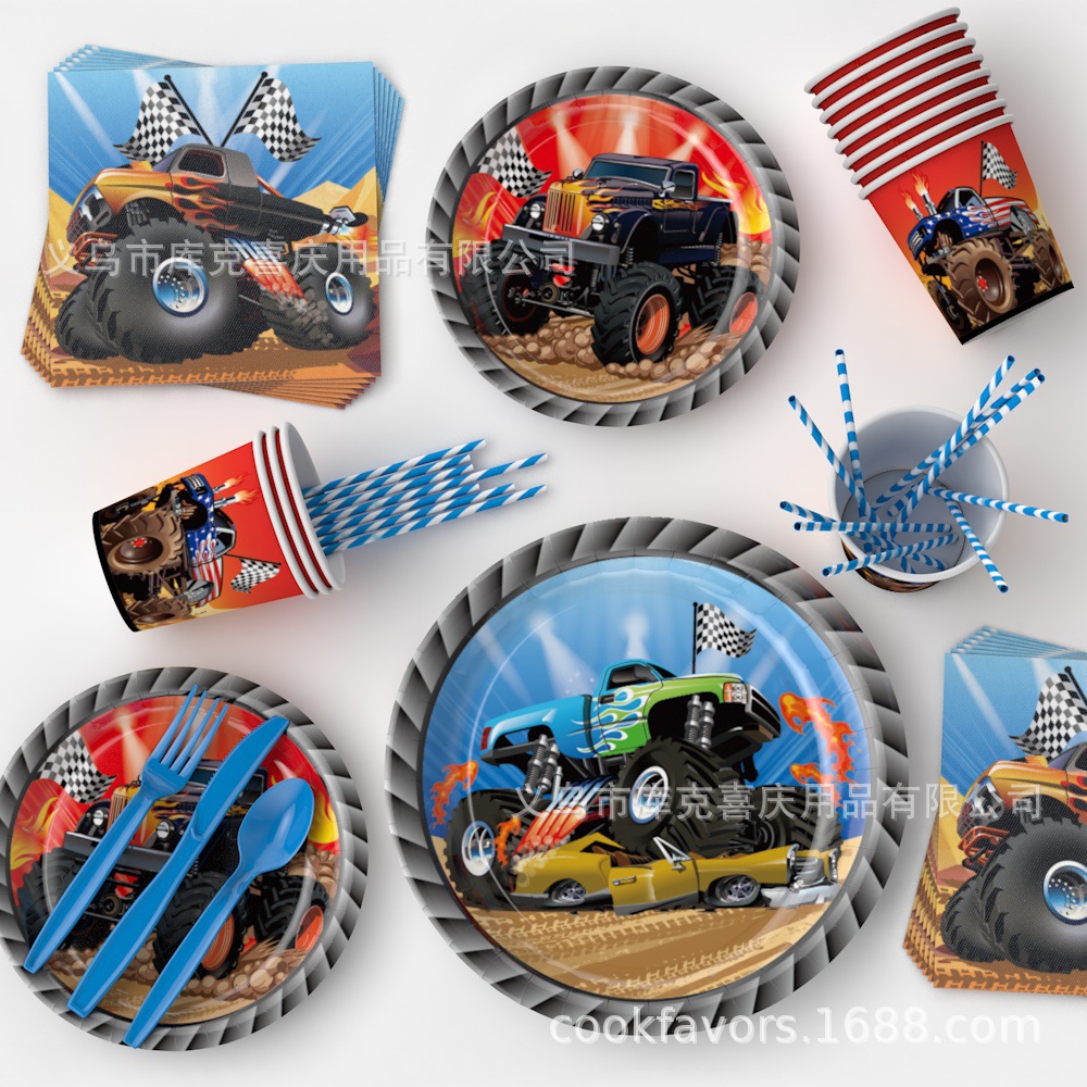 Camión cross-border tema de fiesta decoración niño cumpleaños bandeja de papel desechable tazas de papel toallas de papel set de cubiertos