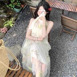甜美绣花仙女刺绣无袖连衣裙度假仙圆领百搭呀甜美过膝中长裙子