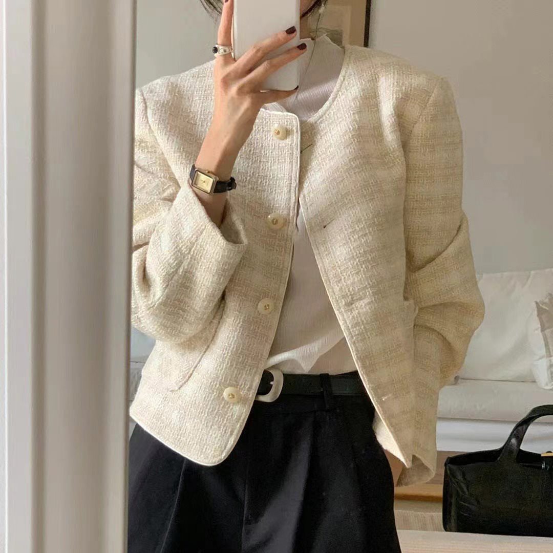 Korean Chic Korean Style Simple Work Clothing Versatile Sweet Round Neck Tweed Short Jacket for Women 88371