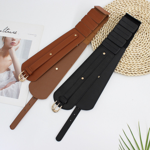 Wide belt for women with pin buckle decoration dress elastic PU piece elastic girdle European and American retro fashion girdle for women