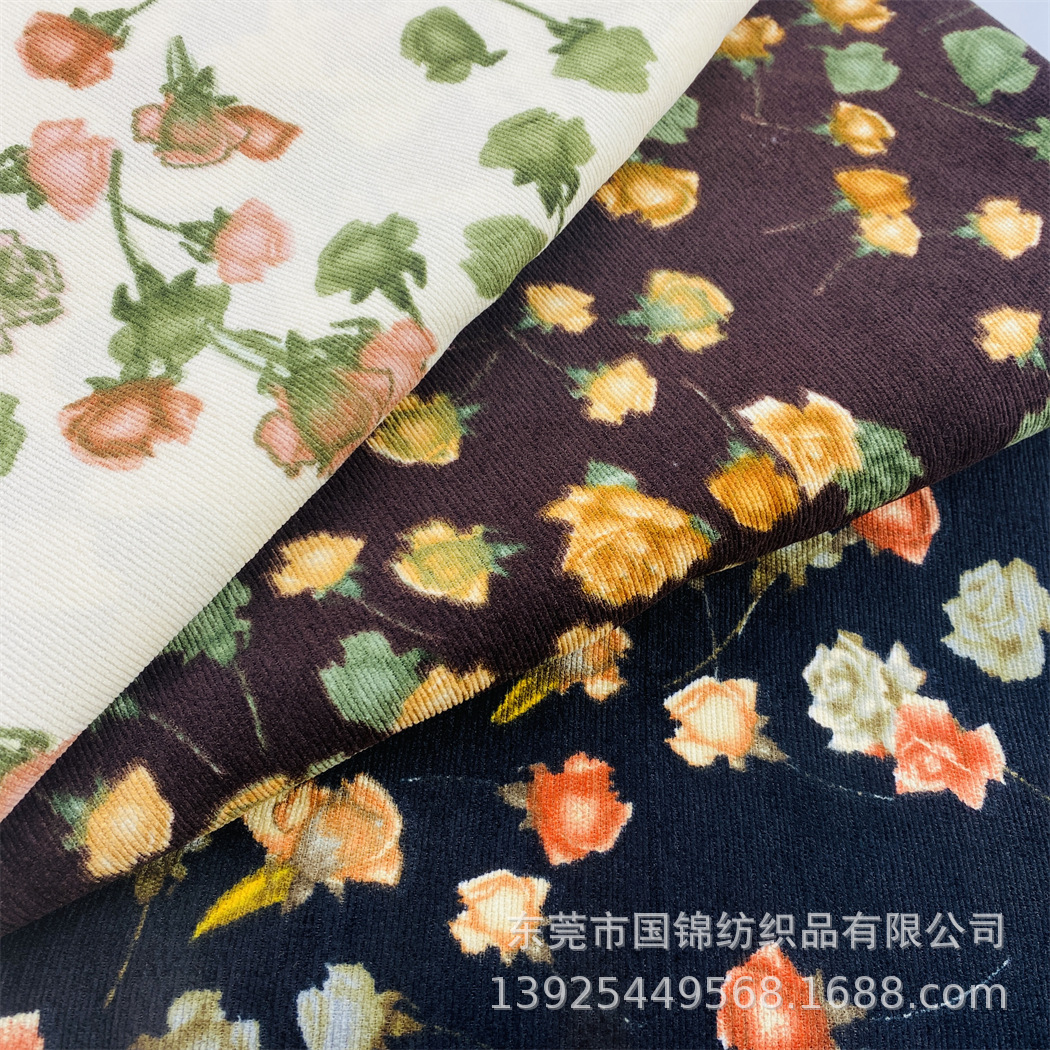 秋冬新款条绒印花布 锦涤21坑灯芯绒印玫瑰花 童装女装服装面料