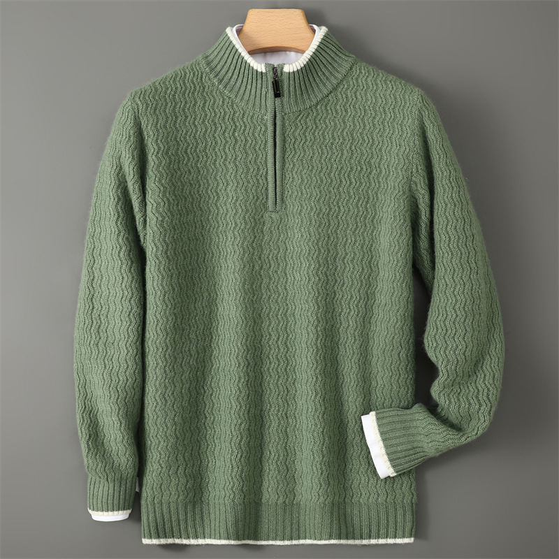 2025年秋冬新款男士羊毛衫半开领拉链纯色立领毛衣提花外搭休闲针
