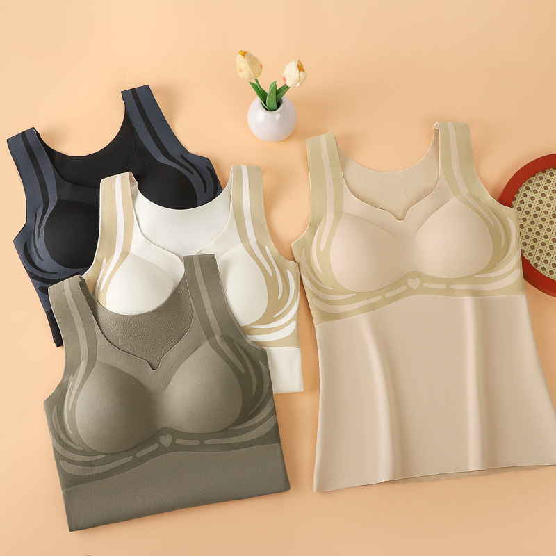 Autumn and Winter Traceless Warm Vest Bra Women's Lite Top Fixed Cup Underwear Heated Slim-fit Long Top