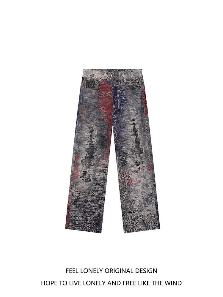 American High Street Trend Brand Wasteland Dirty Style Digital 3D Print Unisex Casual Wide-Leg Straight Jeans_viptrois.com