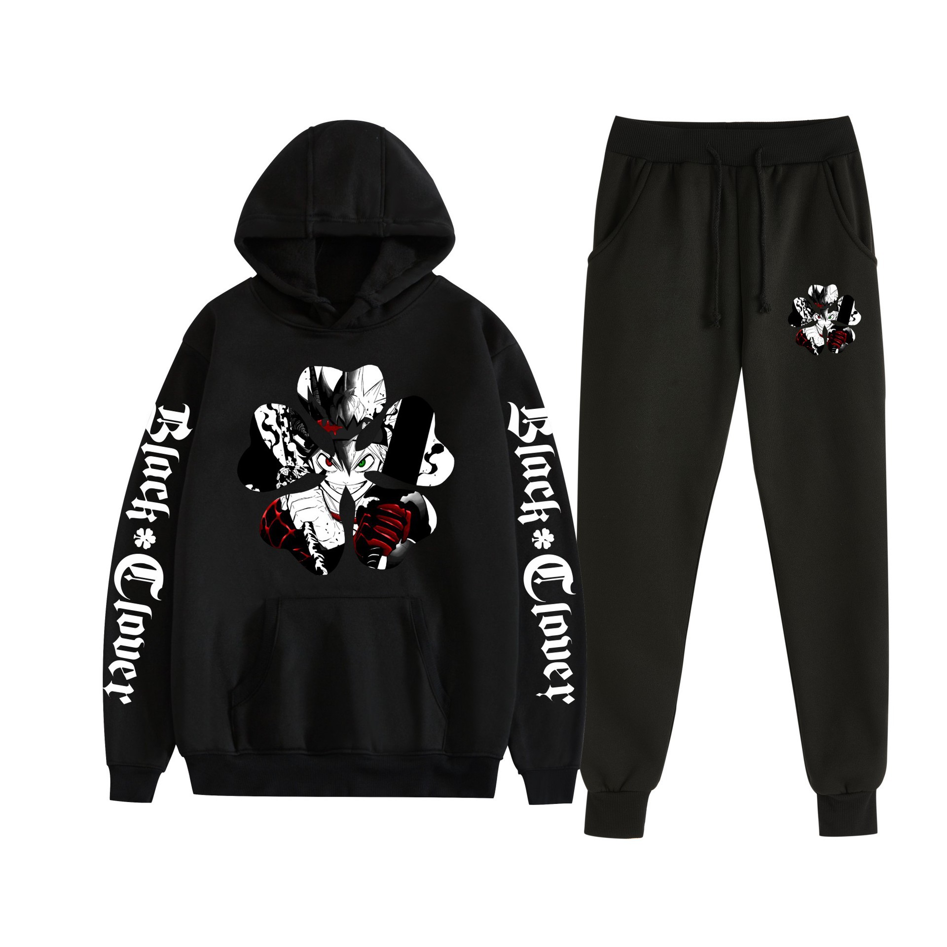 Trébol de cuatro hojas negro nuevo estilo transfronterizo Black Clover pareja suéter con capucha hombres y mujeres pantalones de dos piezas