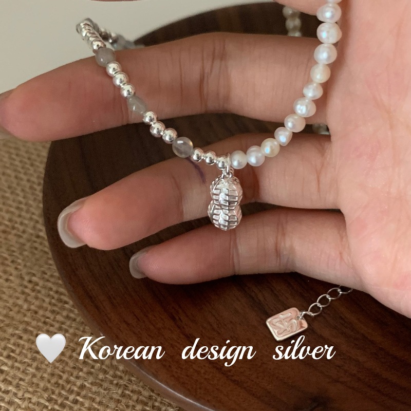 韓國手工淡水珍珠花生項鍊 S925純銀女不對稱月光石鎖骨鏈小眾
