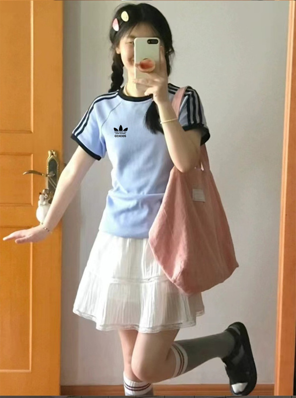 リブ生地クローバー刺繍スリムフィットラウンドネック半袖Tシャツレディース夏ピュアコットンショートトップストライプ|undefined