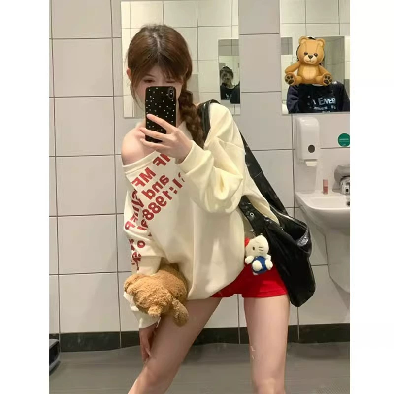 Трансграничный хлопок из хлопчатобумажного композитного молочного свитса женский весенний и осенний тонкий 2024 свободный круглый воротник корейский женский топ