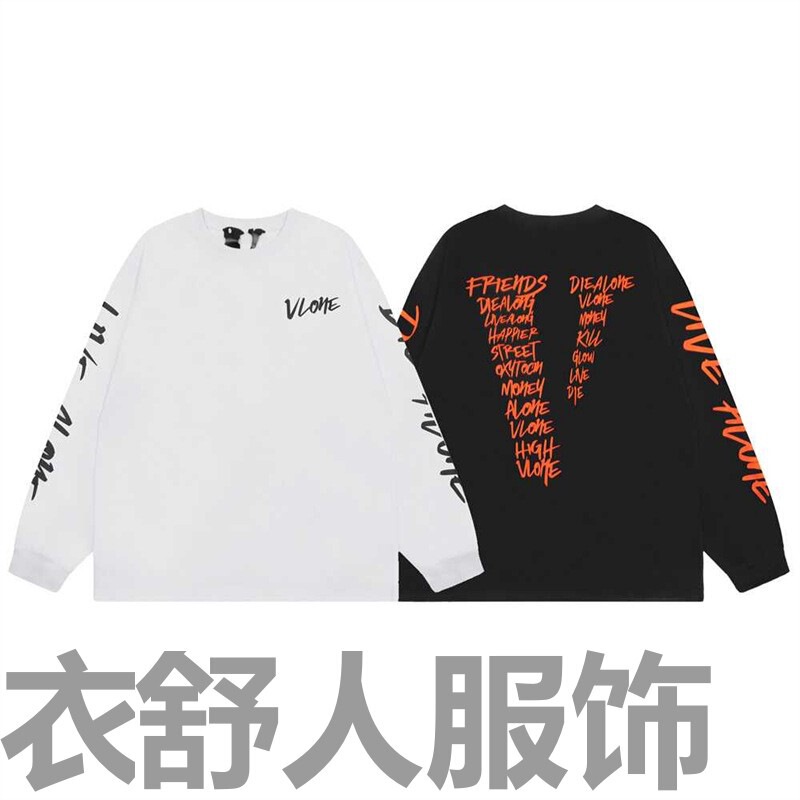 Vlone Fog American Version Long-Sleeved T-Shirt Round Neck Loose Men's and Women's Same Style Red Lip Big V Autum Bottoming Shirt Top