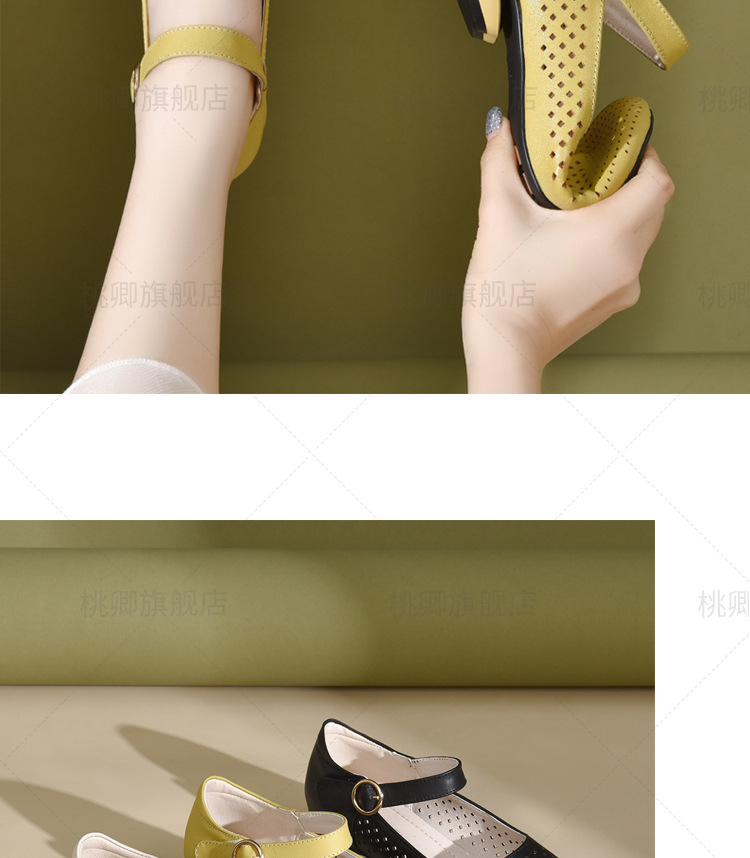 Giày sandal nữ đế xuồng mùa hè da thật thoáng khí mũi tròn bít mũi khoét lỗ — Màu đen chi tiết 19