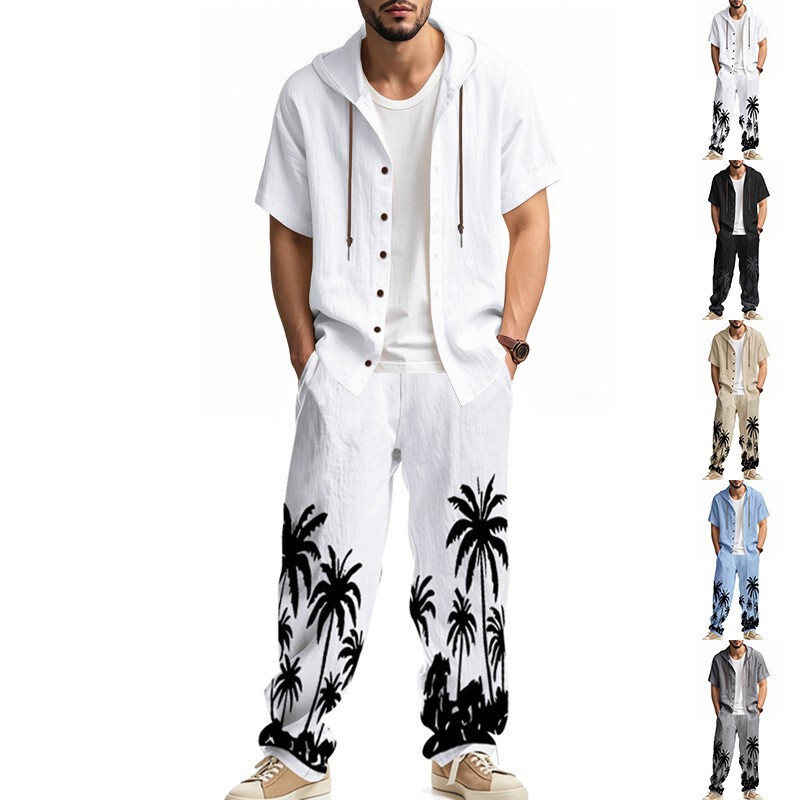 Cross-Border Independent Station Summer Linen Loose Men's Beach Casual Printed Hooded Short-Sleeved Shirt and Trousers Suit for Men