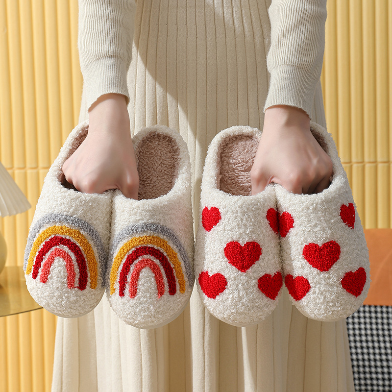 Cross-Border Mushroom Popular Winter Smiling Face Peach Heart Cotton Slippers for Women Wholesale Indoor Home Rainbow Plush Warm Slippers