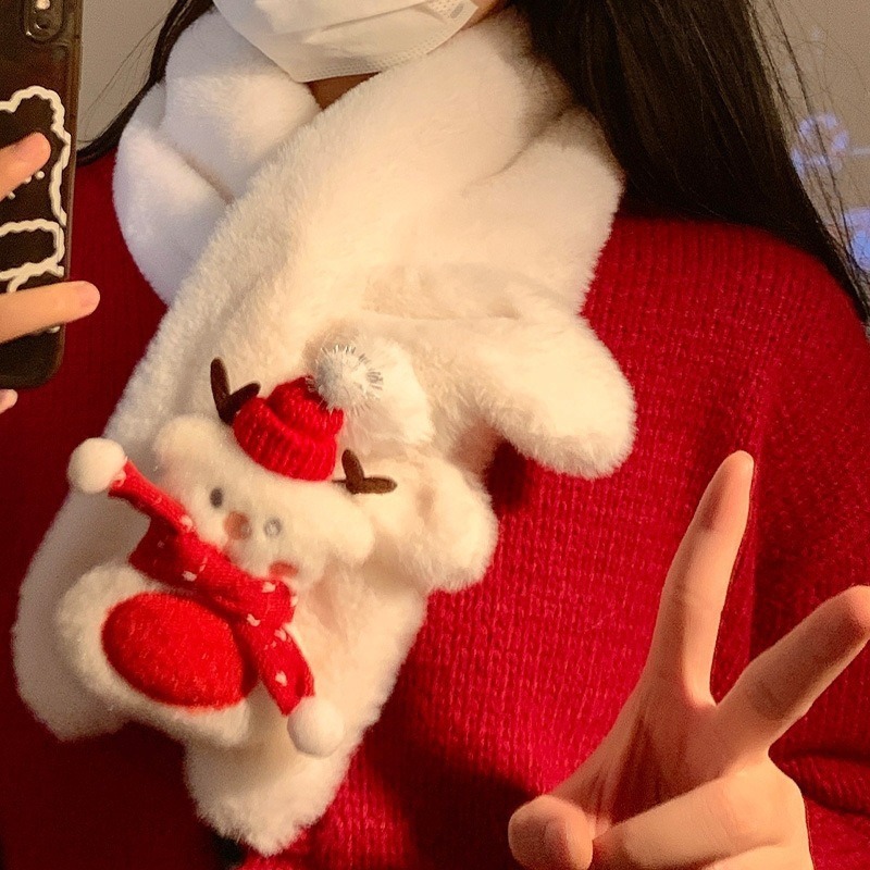 卡通甜美少女粉色猫咪围巾冬季保暖加厚可爱毛绒防风学生围脖白色|undefined