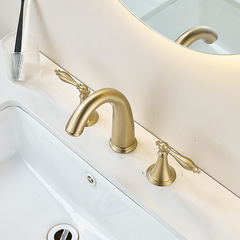 European-style full brass three-hole face basin faucet split bathroom brushed gold washbasin cold and hot water faucet