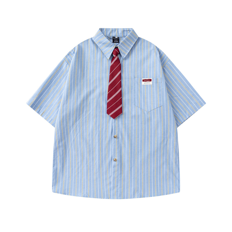 American Retro Striped Tie Short-Sleeve Shirt for Men 2025 Summer Loose College Style Casual Couple Shirt Jacket