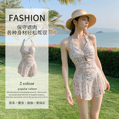 Ladies' one-piece summer swimwear with a high-end Korean style, featuring floral patterns, pure and sexy design, slimming, halter neck, hot spring swimming suit, wholesale.