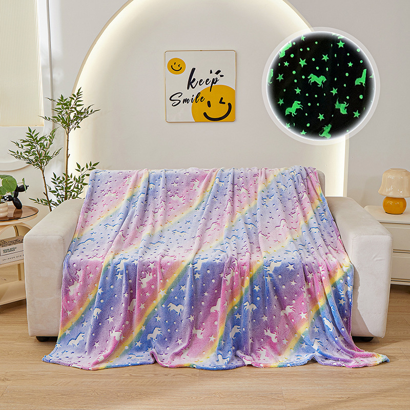 跨境代发夜光彩虹独角兽飞马星星毛毯被加厚法兰绒外贸盖毯秋冬季|undefined