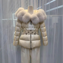 欧洲站2025冬新款狐狸大毛领连帽羽绒服女中长款系带收腰大牌外套
