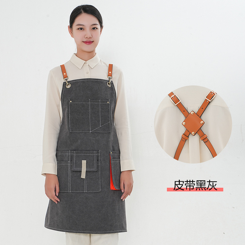 Amazon grueso delantal de lona cinturón de cinta opcional multi-Bolsillo cafetería Barber monos delantal por mayor