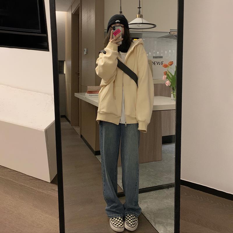 2025 New Oversize Top Ins Trendy Lazy Style Zipper Cardigan Jacket Women's Hooded Sweatshirt Women's Spring & Fall