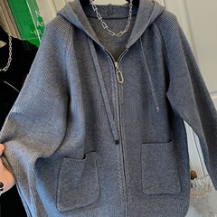 大码气质美式麻花连帽拉链针织衫毛衣开衫通勤宽松上衣女慵懒风