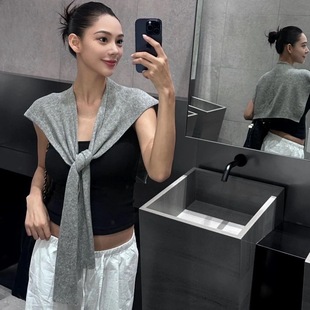 Knitted Extended Version Gray Shawl Outerwear for Women, Popular on Social Media, Spring and Summer Solid Color Office Air-Conditioned Room Neck Protector Small Cape