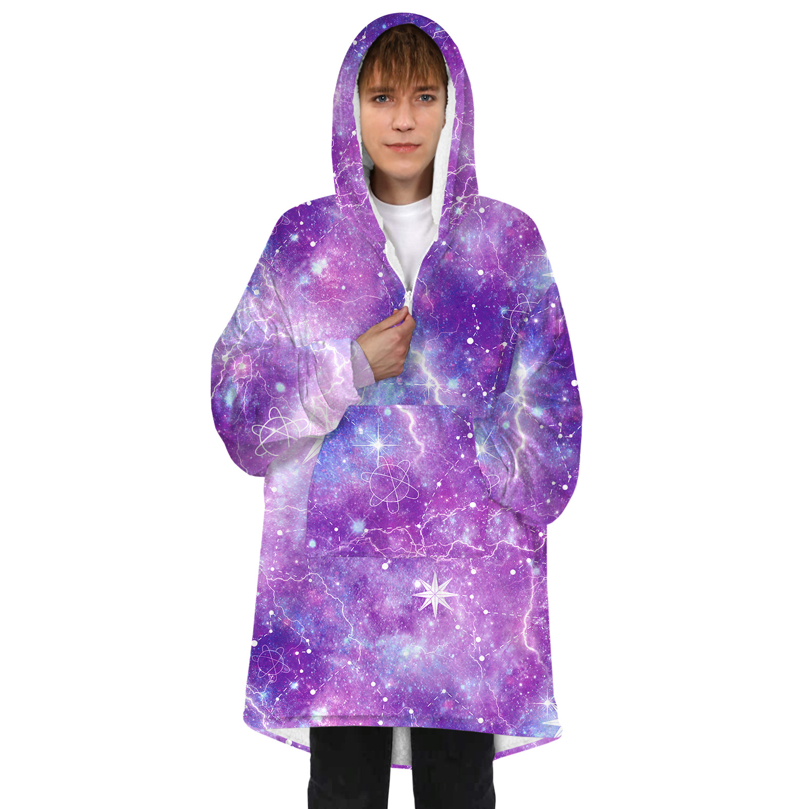 starry sky digital print silver fox fur zipper hooded blanket sweatershirt nihaostyles wholesale clothing NSMDF86115