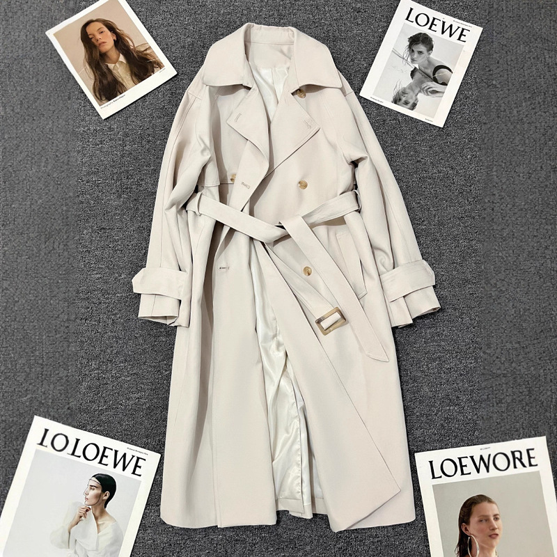 Long Lace-Up Windbreaker for Women 2024 Spring New High-End Niche Versatile Street Style Casual Beige Jacket