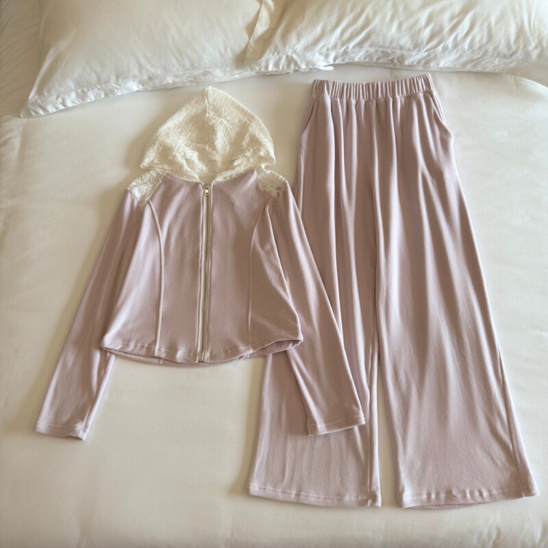 Zipper Autumn and Winter Sweet Lace Lace Hooded Pajamas Women's Coral Velvet Island Velvet Thin Velvet Suit Home Clothes Zipper Autumn and Winter Sweet Lace Lace Hooded Pajamas Women's Coral Velvet Island Velvet Thin Velvet Suit Home Clothes