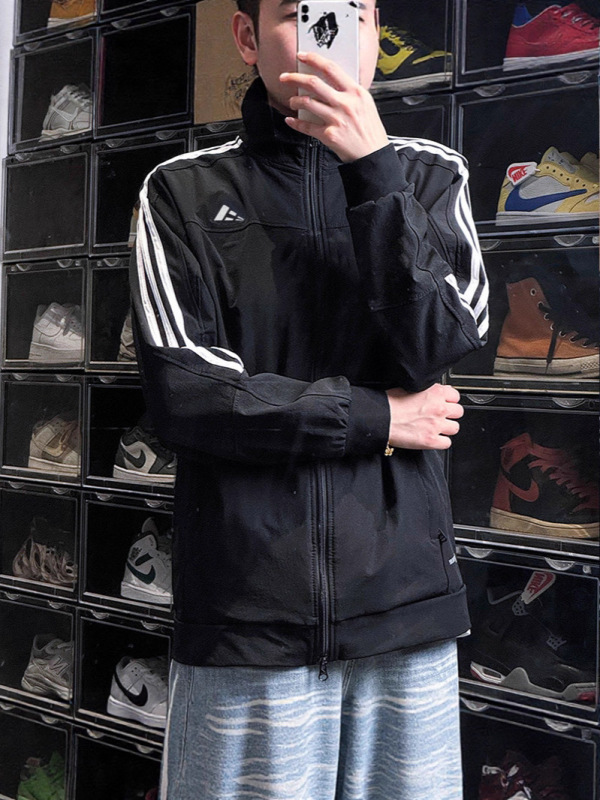 三条杠男女情侣秋冬季运动新款刺绣三叶草立领休闲开衫外套上衣|undefined