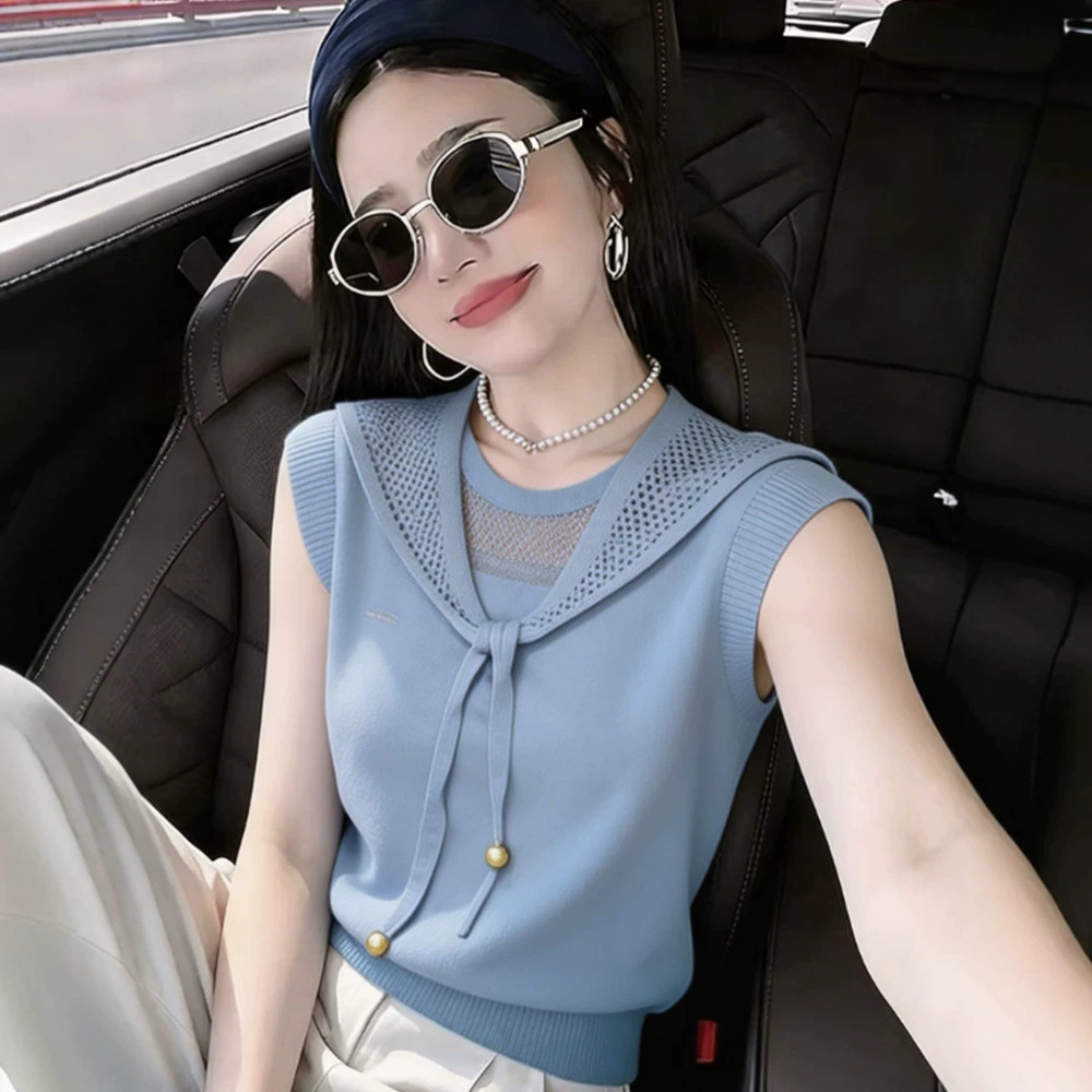 Áo hai dây dệt kim phong cách thiếu nữ ngọt ngào, họa tiết rỗng, tay dây mảnh — Màu xanh da trời chi tiết 3