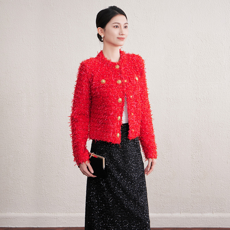 25 New French-Style Elegant Socialite Light Luxury Metal Buckle Tweed Round Neck Short Jacket Knit Top