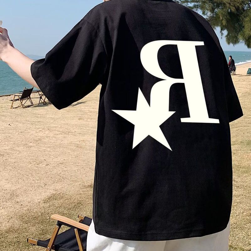 Hong Kong style half sleeve T-shirt men's and women's 2023 summer fashion brand trendy loose round neck top plus size R star couple fashion wear Hong Kong style half sleeve T-shirt men's and women's 2023 summer fashion brand trendy loose round neck top plus size R star couple fashion wear