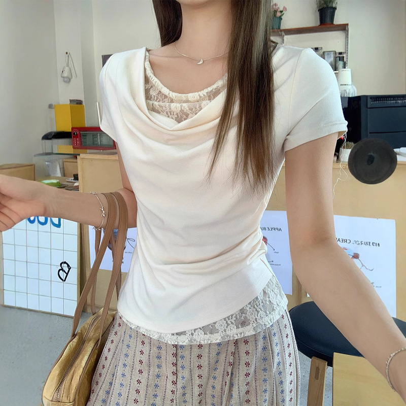 Korean Style Women's Spring and Summer Elegant Inner Top with Lace Stitching Swing Collar