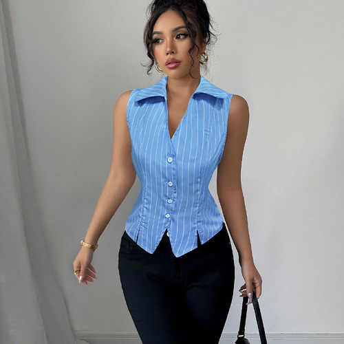 Cross-border foreign trade women's clothing 2025 summer new style European and American temperament striped sleeveless shirt slimming shirt cardigan top 
