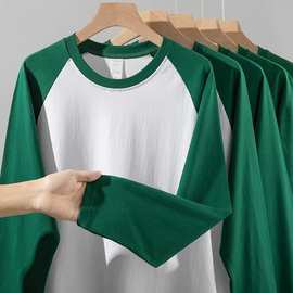 220克重磅插肩长袖T恤男女春秋美式撞色拼接打底衫宽松圆领卫衣男