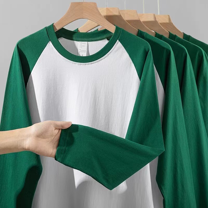 220g heavyweight raglan long sleeve T-shirt men's and women's spring and autumn American contrast stitching base shirt loose crew neck sweater men's