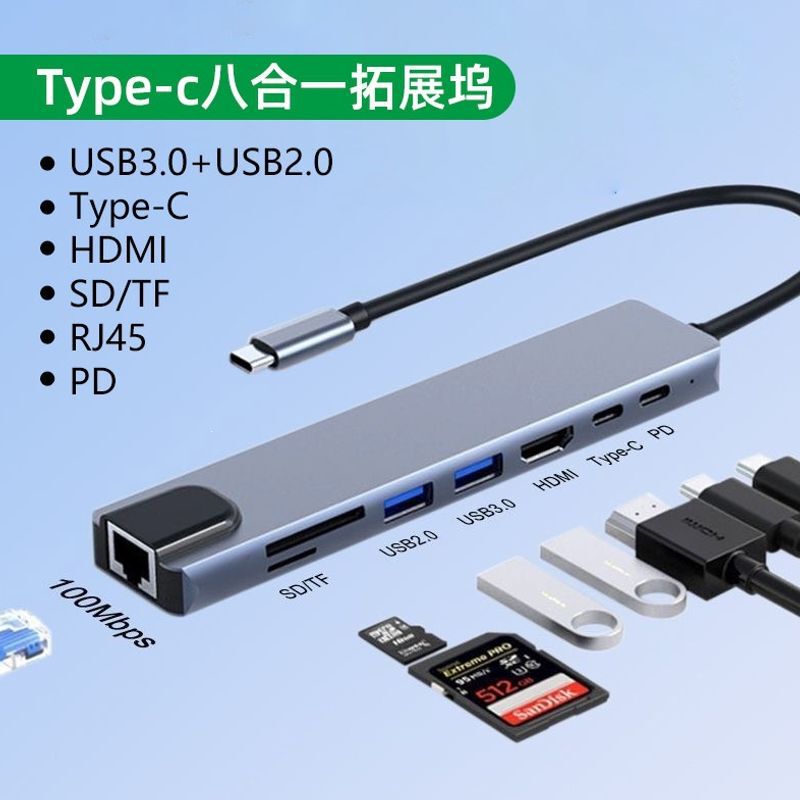 Type-C 8-in-1 USB 3.0 Multiport Expander with 100Mbps Ethernet Port Splitter HUB Expansion Dock