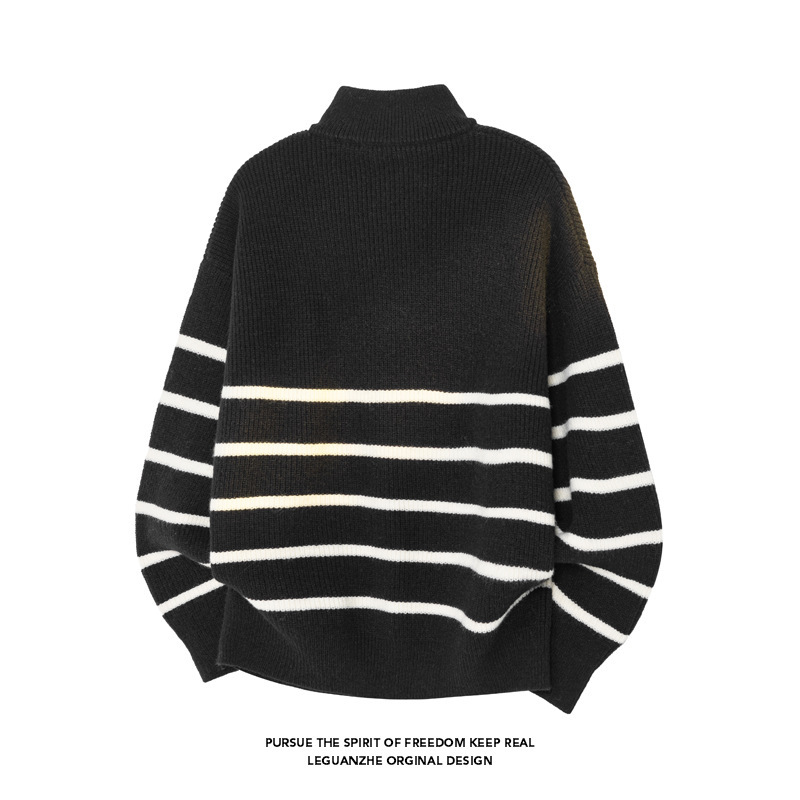 2026 Autumn New Hong Kong Style White Base Large Size Striped Lazy Half-High Collar Half-Zip Stand Collar Striped Pullover Sweater 2026 Autumn New Hong Kong Style White Base Large Size Striped Lazy Half-High Collar Half-Zip Stand Collar Striped Pullover Sweater