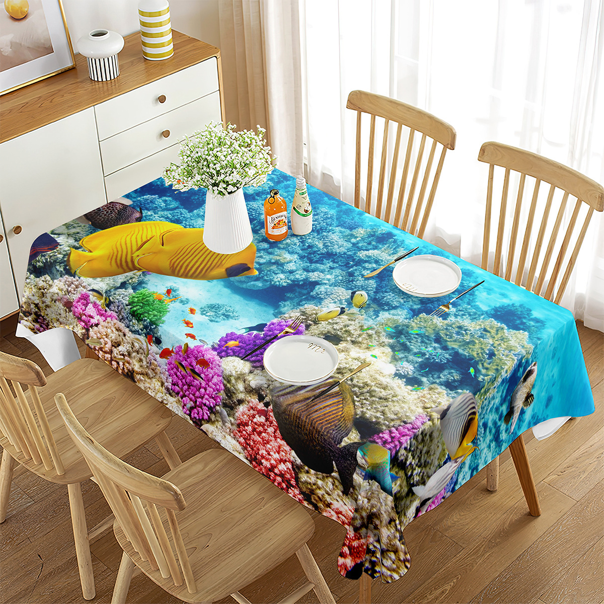 海洋生物海岛主题印花餐桌布餐厅客厅棉麻布艺亚马逊跨境防尘台布